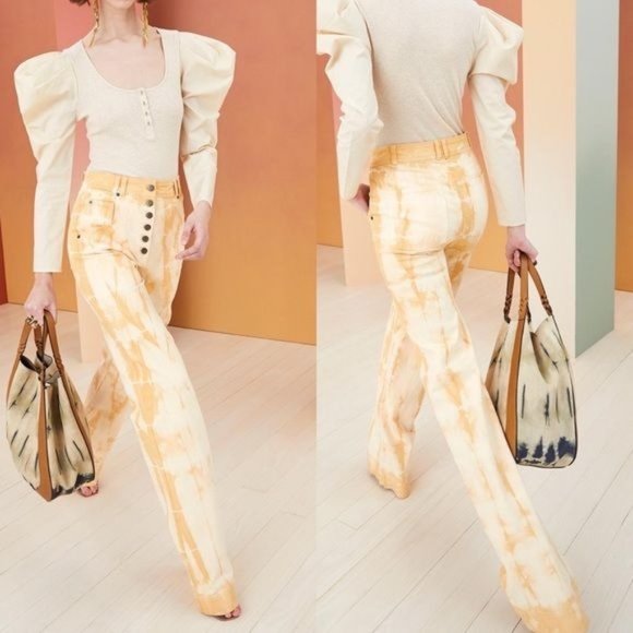 Ulla Johnson Denim - Ulla Johnson  Milo Jean in Wheat Tie Dye Wide Leg Button Front High Waist Trouse